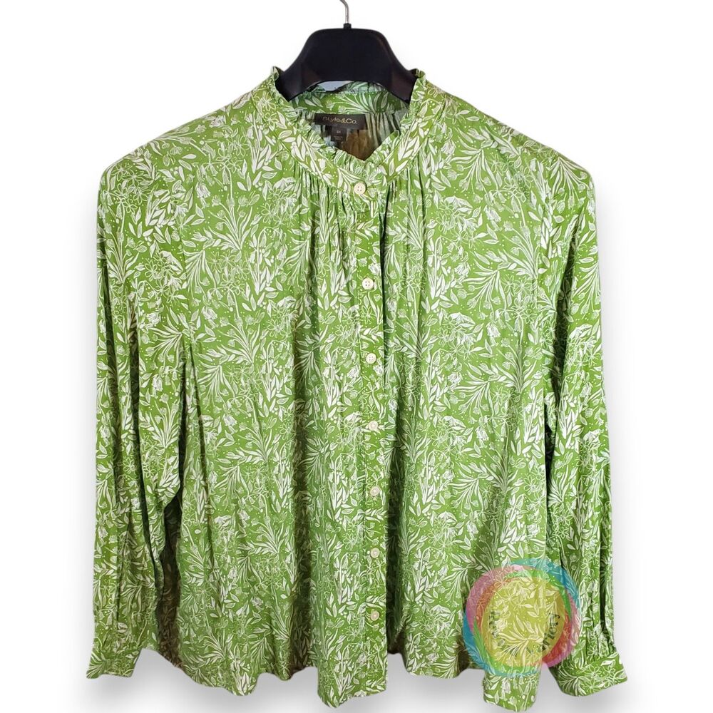 NWT Style & Co Green White Floral Ruffle Blouse 2X